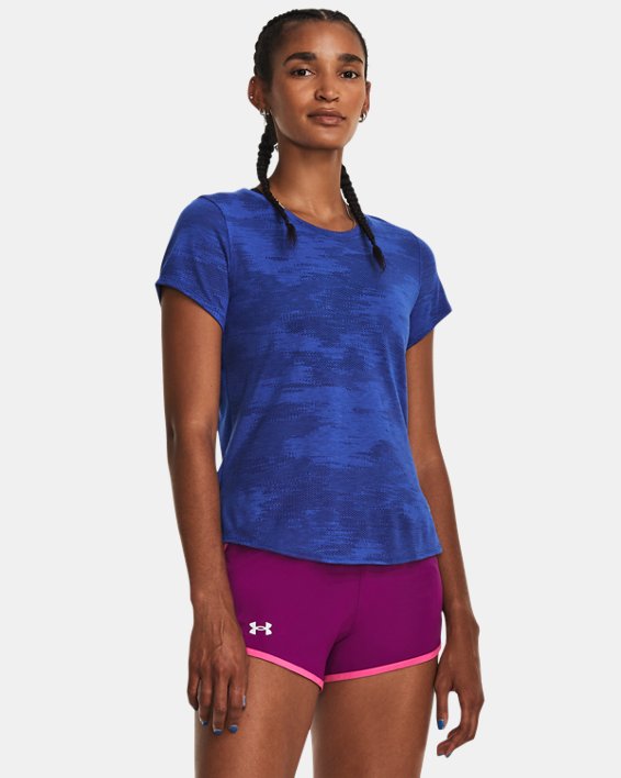 Women's UA Streaker Speed Camo Short Sleeve, Blue, pdpMainDesktop image number 0